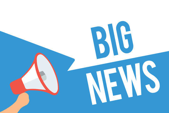 Megaphone held up beside bold blue 'BIG NEWS' text on a white/blue banner. (informative banner)